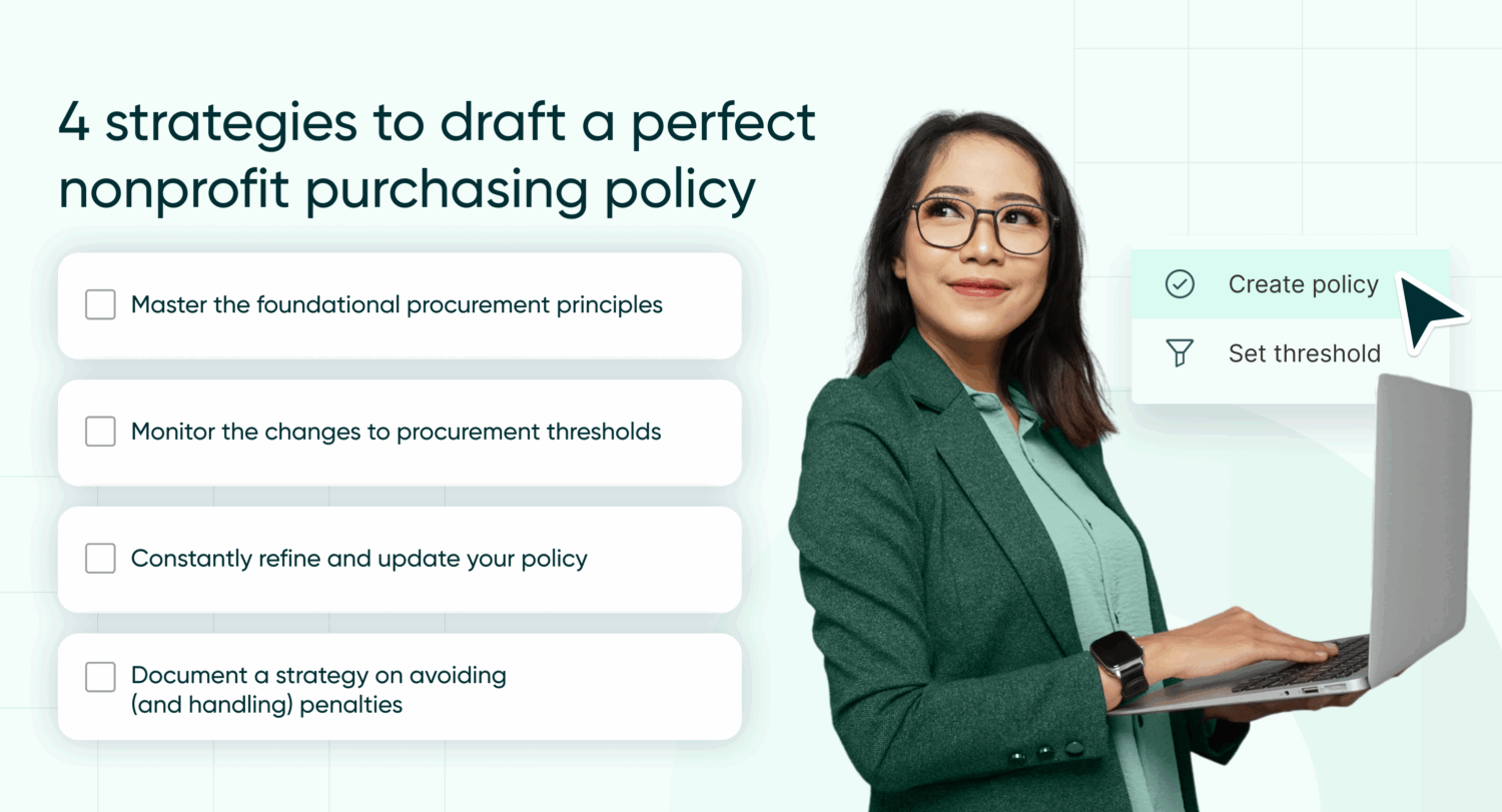 Woman in a green blazer using a laptop next to a four-item checklist: master foundational procurement principles, monitor procurement thresholds, refine your policy, and document penalties