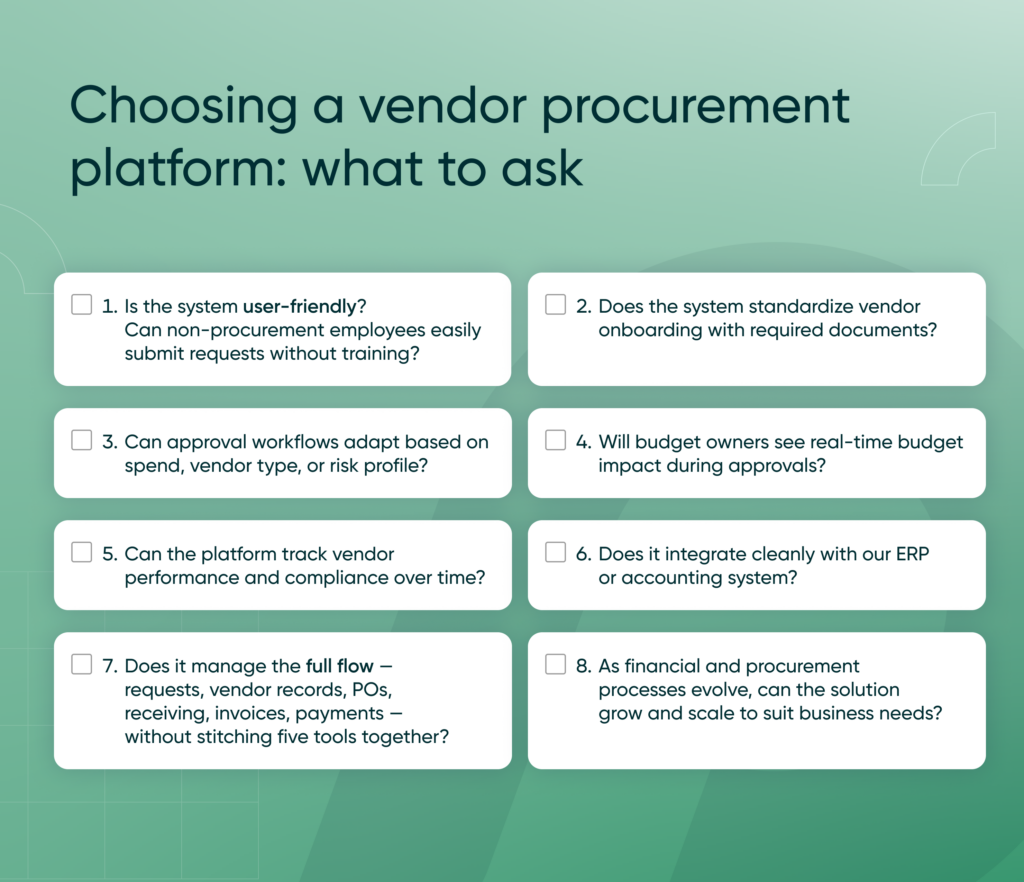 Checklist of key questions for evaluating vendor procurement platforms, including user-friendliness, vendor onboarding, approval workflows, ERP integration, and scalability.