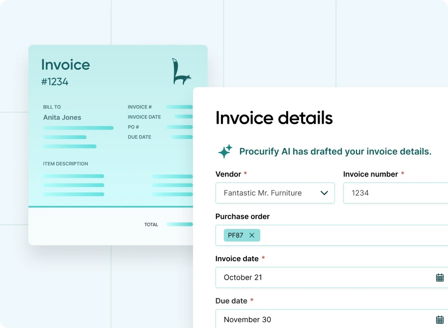 AI-powered procurement | Intake to pay workflows | invoice scan Screenshot: AI-powered procurement software solution. Intake to pay workflows - invoice scan