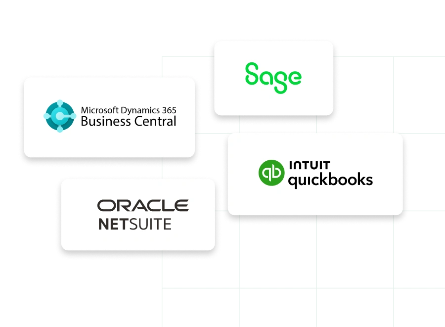 Illustration of Procurify's most popular integrations: Microsoft Dynamics 365, Sage, Oracle NetSuite, Intuit QuickBooks
