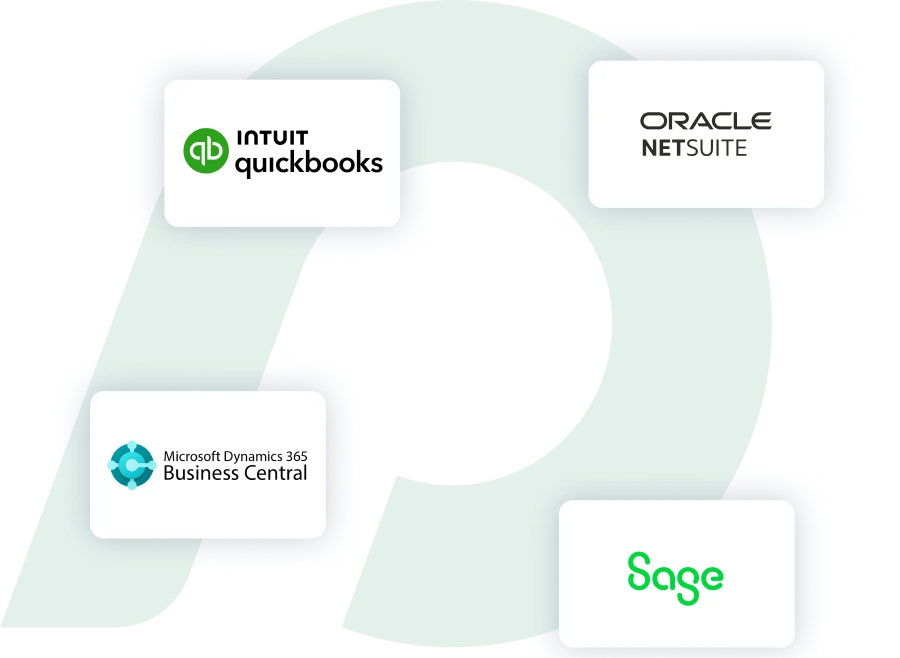 Illustration of Procurify's most popular integrations: Microsoft Dynamics 365, Sage, Oracle NetSuite, Intuit QuickBooks