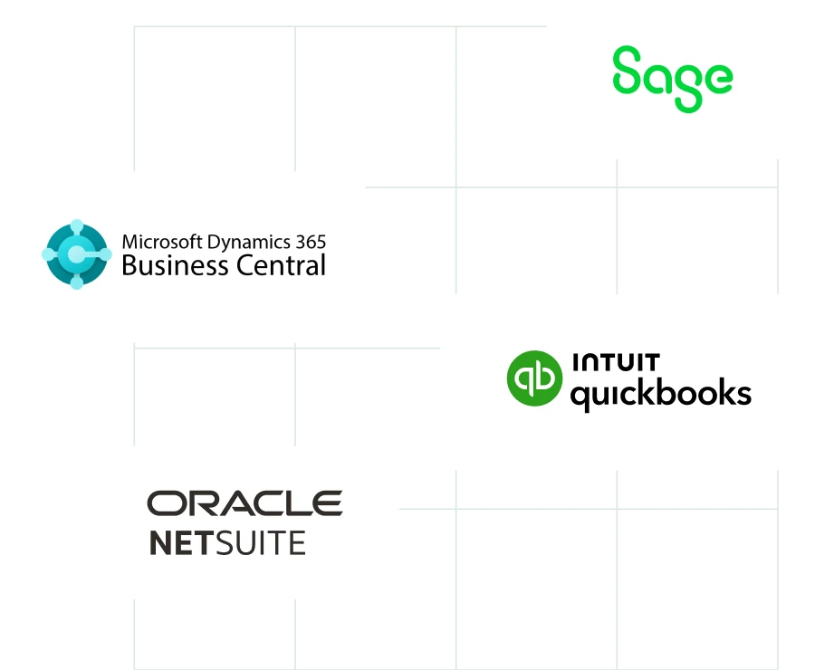 Illustration of Procurify's most popular integrations: Microsoft Dynamics 365, Sage, Oracle NetSuite, Intuit QuickBooks