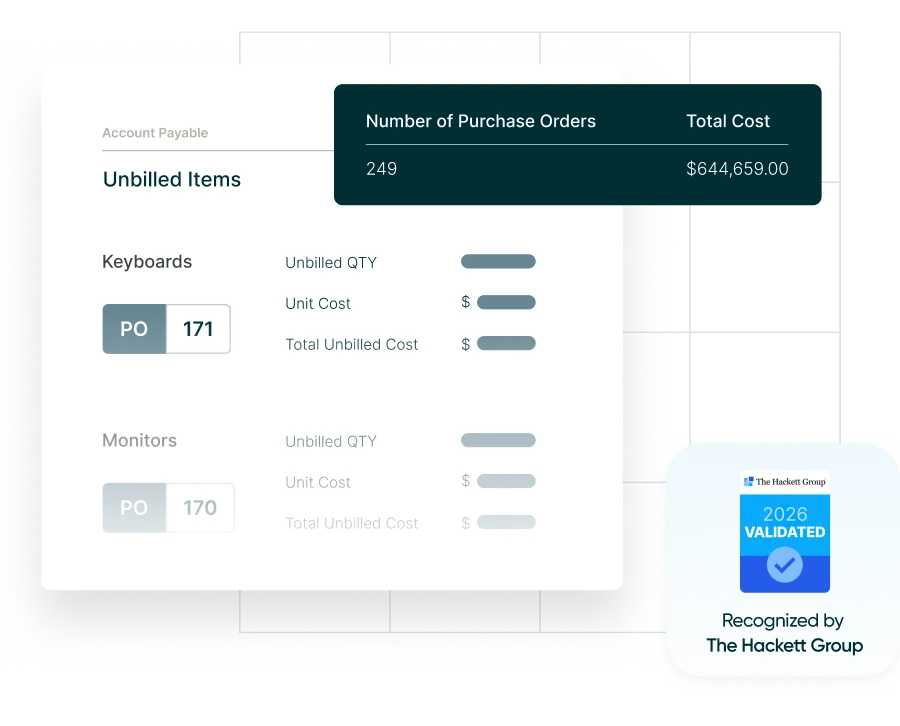 Procurify accounts payable automation software showing unbilled items, purchase order matching, total cost, and Hackett Group 2026 validation