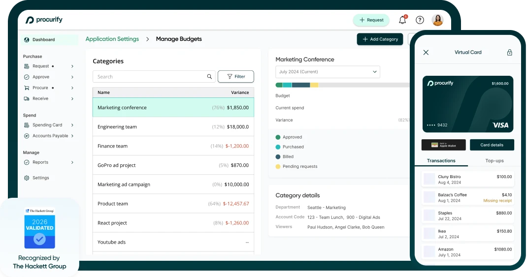 Procurify platform dashboard showing budget management, spend categories, virtual card transactions, and Hackett Group 2026 validation