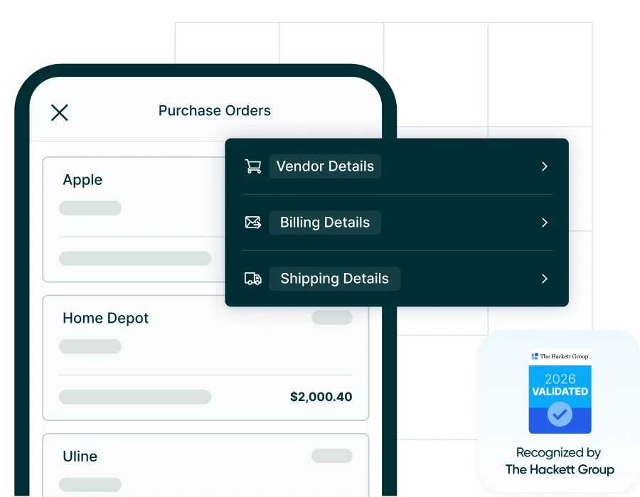 Procurify purchasing management system showing purchase orders, vendor details, billing details, shipping details, and Hackett Group 2026 validation