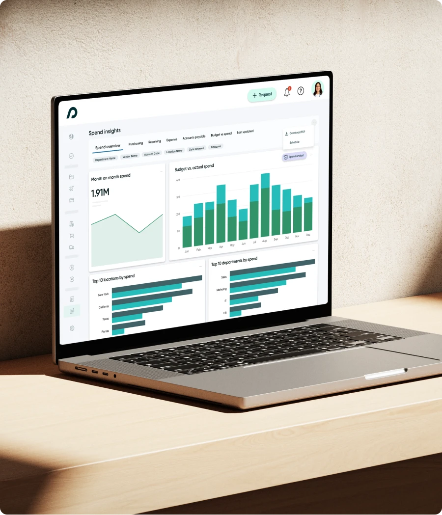 Procurify Spend Insights dashboard displayed on a laptop showing AI-powered spend analysis, budget vs. actual spend, and spend reporting charts