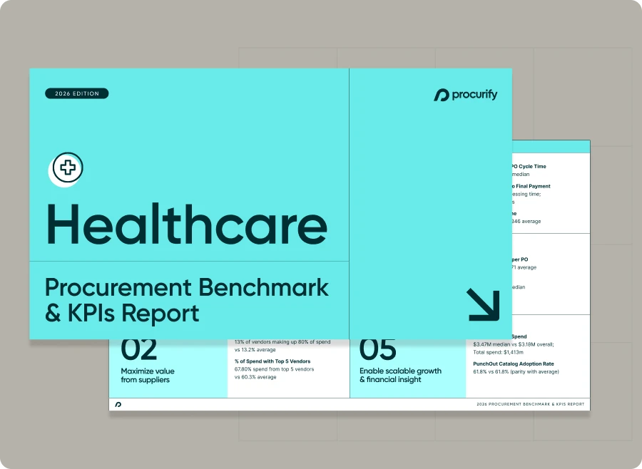 Healthcare Procurement Benchmark and KPIs Report cover with KPI preview pages benchmarked against real procurement spend data